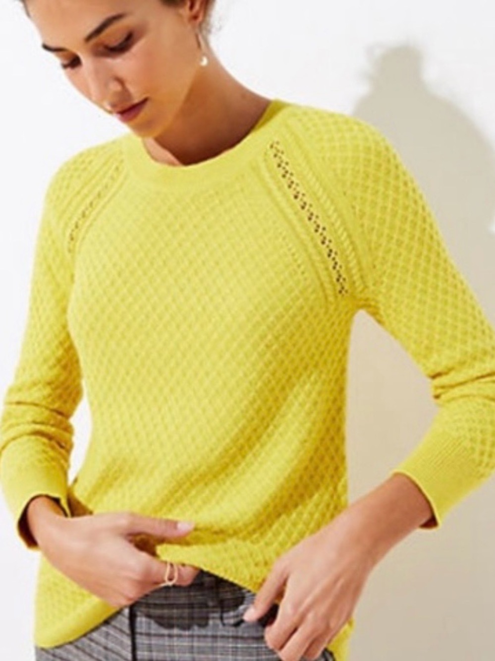LOFT, Canary Yellow Textured Knit Crewneck Sweater, Size Medium